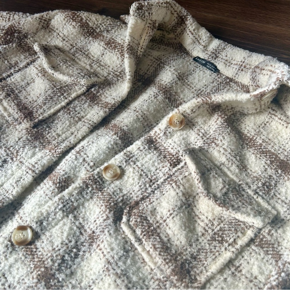 SHEIN Cream and Brown Plaid Bouclé Button Jacket